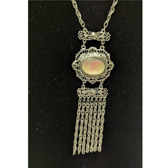 Whiting Davis silver toned statement mother of pearl Drop Necklace 22 inch - Picture 4 of 10